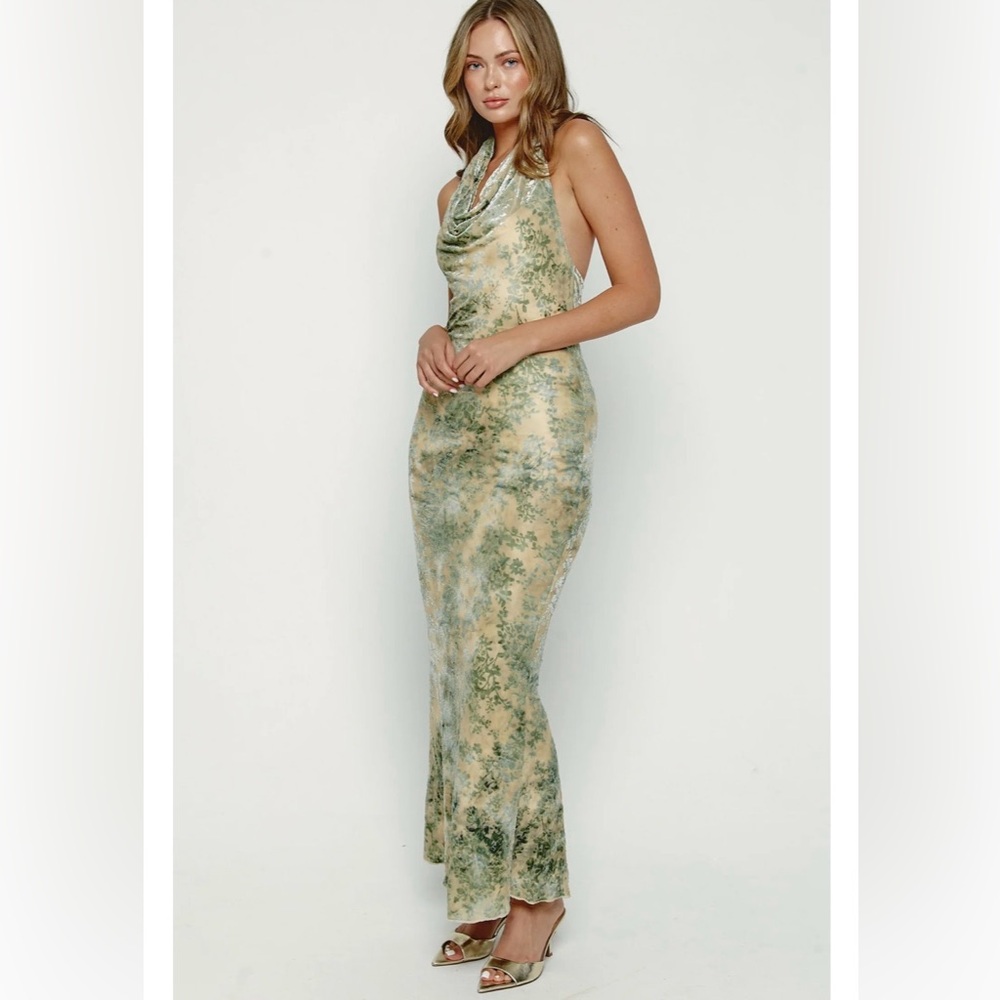 Rare London Sage and Cream Cowl Neck Velvet Maxi Dress